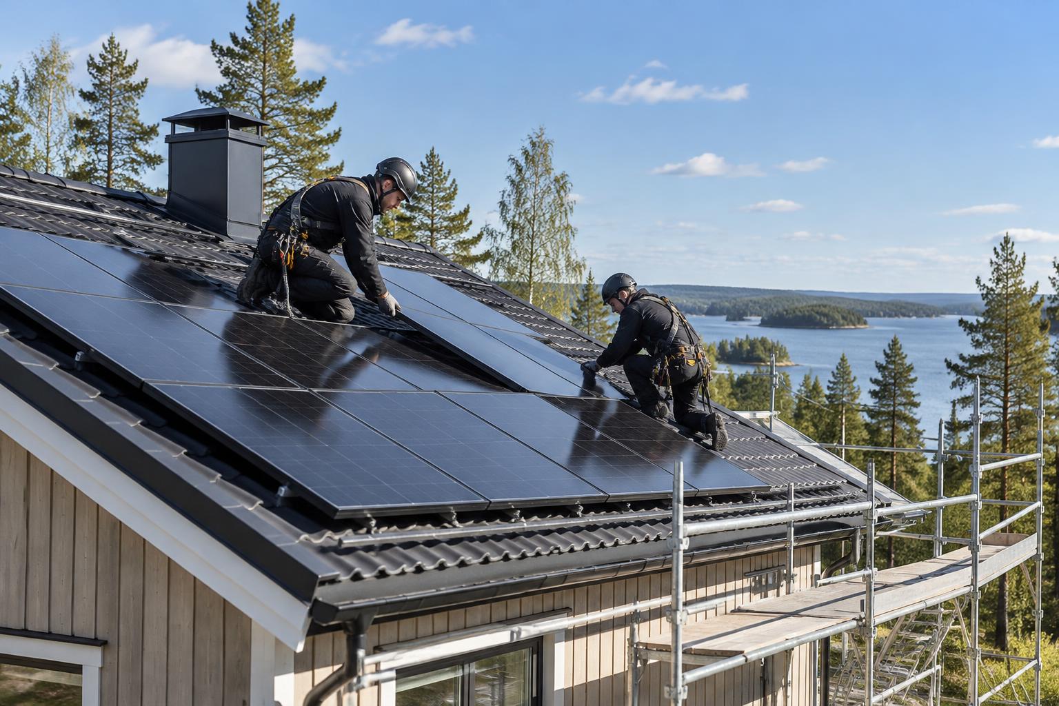 Solcellsinstallatörer som monterar paneler på en svensk villa